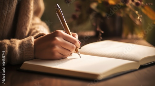 A person writing in a book with a pen photo
