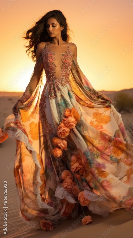 A woman in a long dress walking across a desert