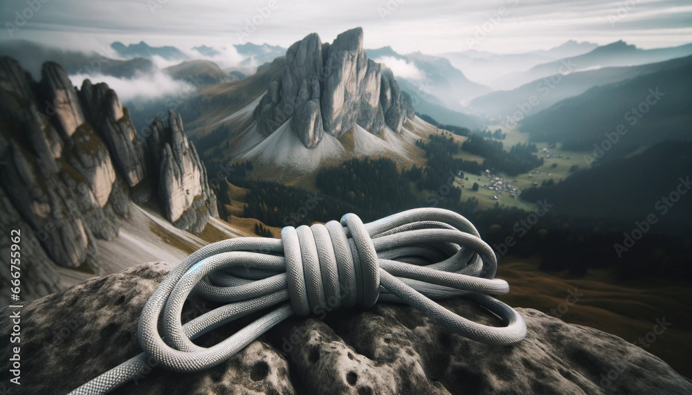 Image d'une corde de survie tressée en nylon, étalée sur une roche avec un paysage montagneux en arrière-plan. Quelques noeuds d'escalade sont visibles le long de la corde. - obrazy, fototapety, plakaty 