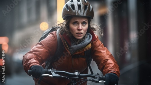 A woman riding a bike on a city street