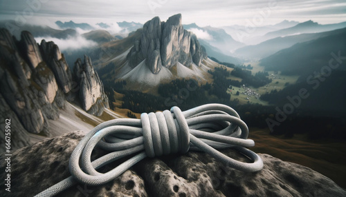 Image d'une corde de survie tressée en nylon, étalée sur une roche avec un paysage montagneux en arrière-plan. Quelques noeuds d'escalade sont visibles le long de la corde. photo