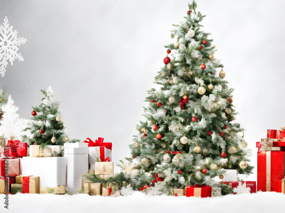 Christmas design. New Year's composition with a Christmas tree, balls, snow and garlands. Winter poster with empty space for text. Ai. Christmas design. New Year's composition with a Christmas tree, balls, snow and garlands. Winter poster with empty space for text. Ai.