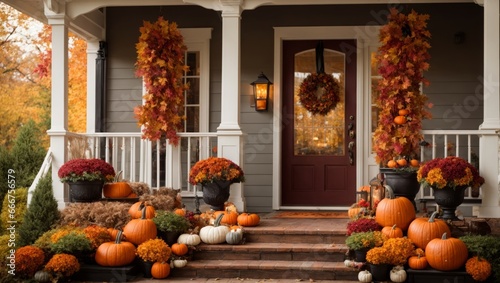 The facade of a house decorated with pumpkins and flowers, ready to celebrate the New Year