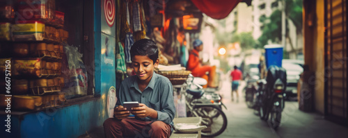 Indian or Pakistani or Mexican Hispanic little boy holding his mobile phone watching or messaging social media for online internet coverage in poor and worldwide areas as wide banner poster