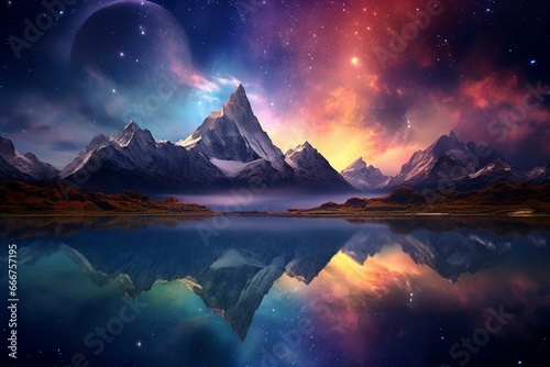 A stunning natural phenomenon illuminating the sky above a serene landscape of a lake and majestic mountains. Generative AI
