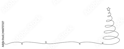 Christmas tree - hand drawing one single continuous line. Vector stock illustration isolated on white background for design template winter banner, greeting card, invitation. Editable stroke.