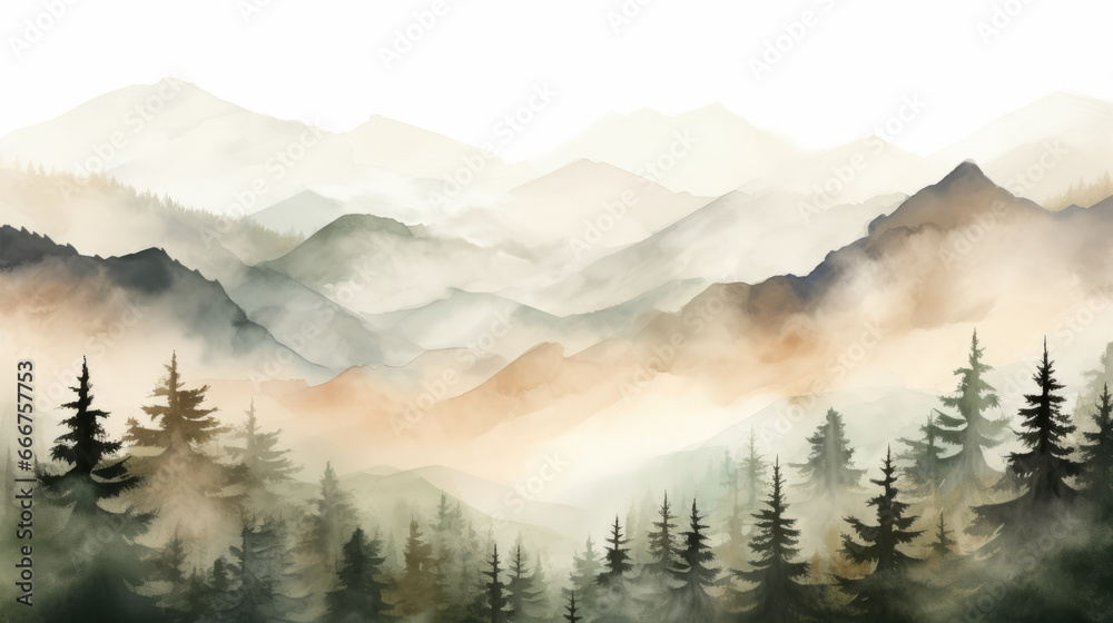 Majestic landscape painting of a breathtaking mountain range framed by lush trees
