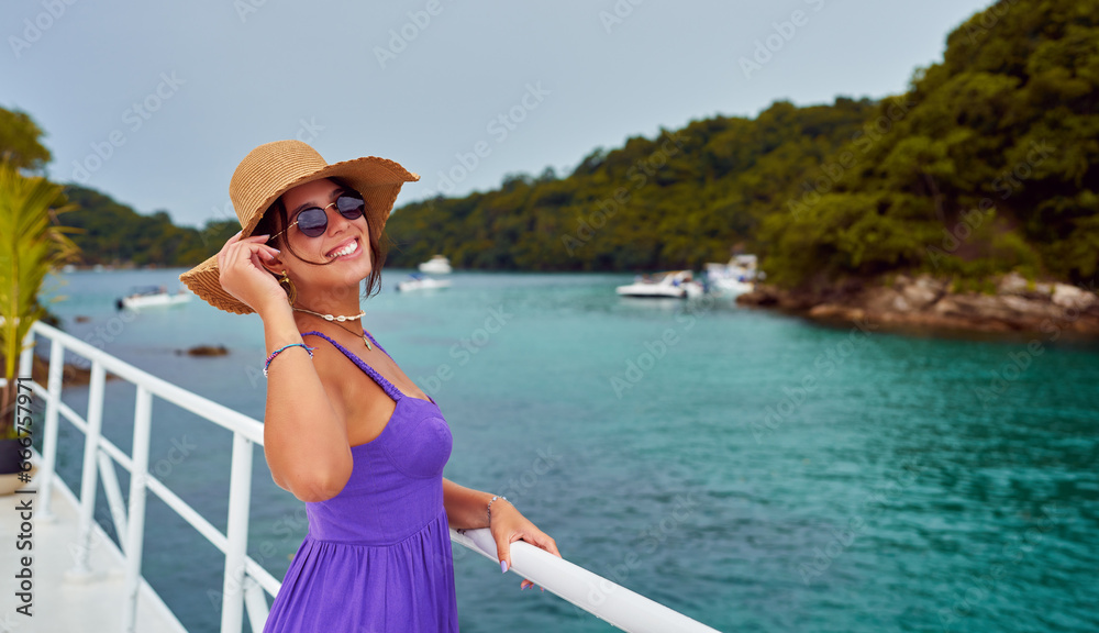 portrait young latin american woman cheerful tourist traveling on a boat between tropical islands
