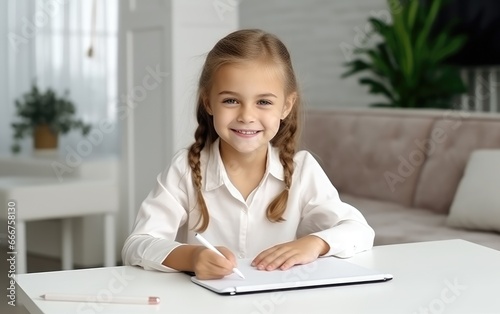 A smiling child girl is wri...