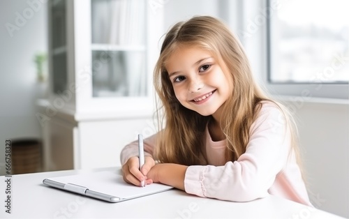 A smiling child girl is wri...