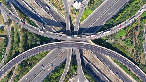 Tableau sur toile Aerial drone photo of multilevel bridge highway road interchange
passing near ur