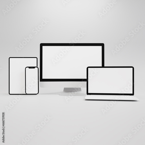 Set realistic Monitors laptop tablet and phone. screen display mockup. 3d render.