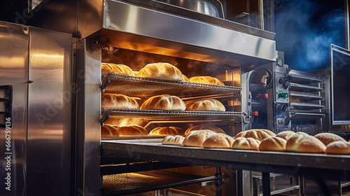 Baking tray with freshly baked rolls in an industrial oven