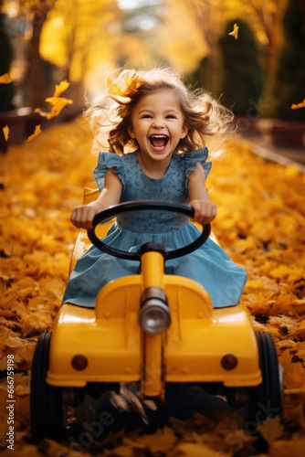 little girl in a yellow car rides down a track full of leaves