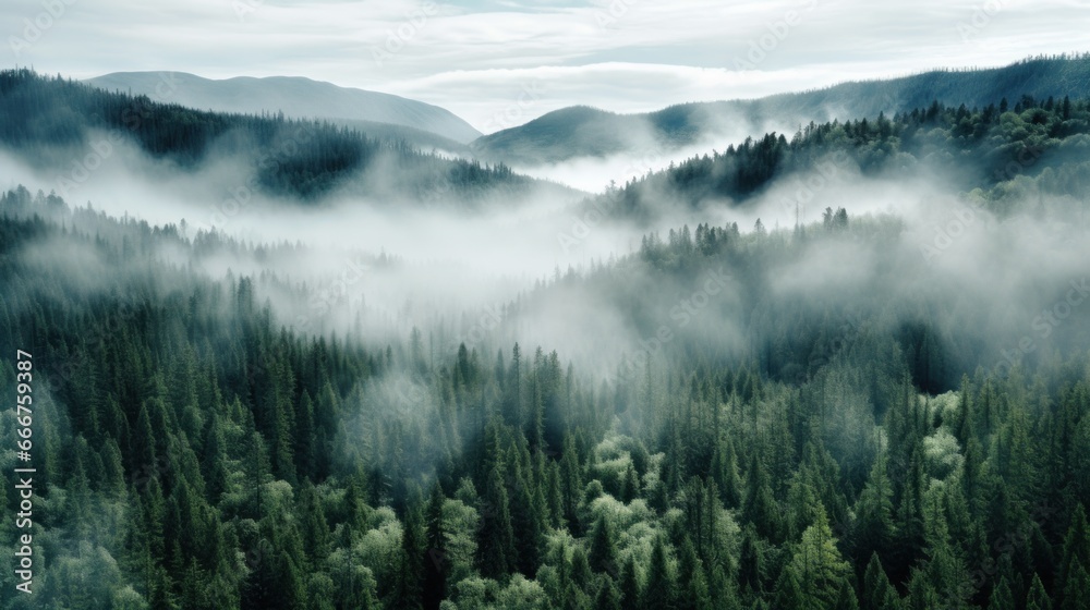 Fototapeta premium An aerial shot of a dense forest with a white fog
