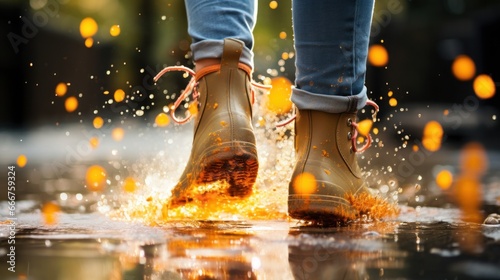 legs in rubber boots stepping into a puddle