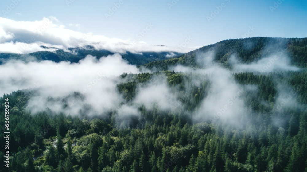 An aerial shot of a dense forest with a white fog