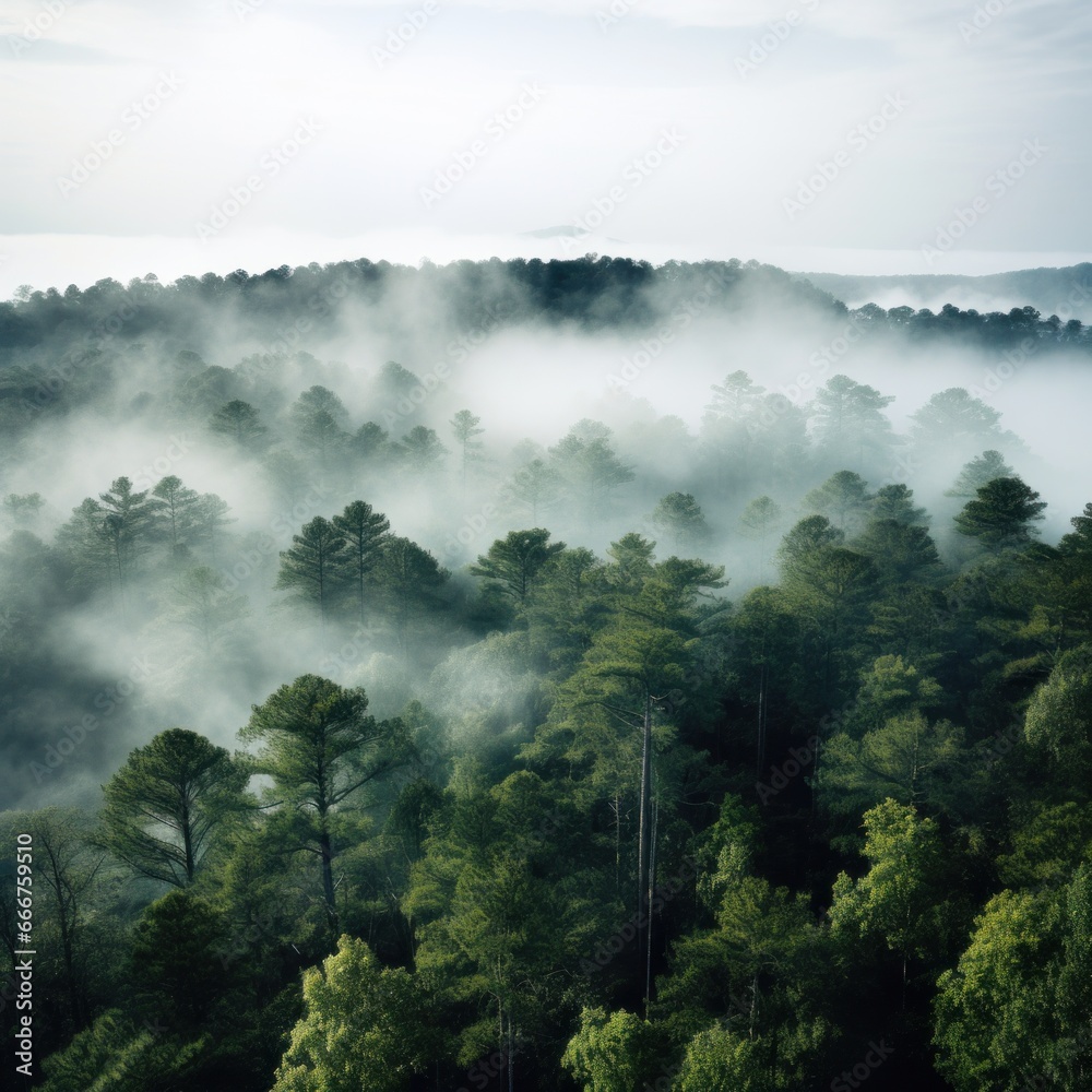 A top view of a forest with a white fog rolling over the treetops.