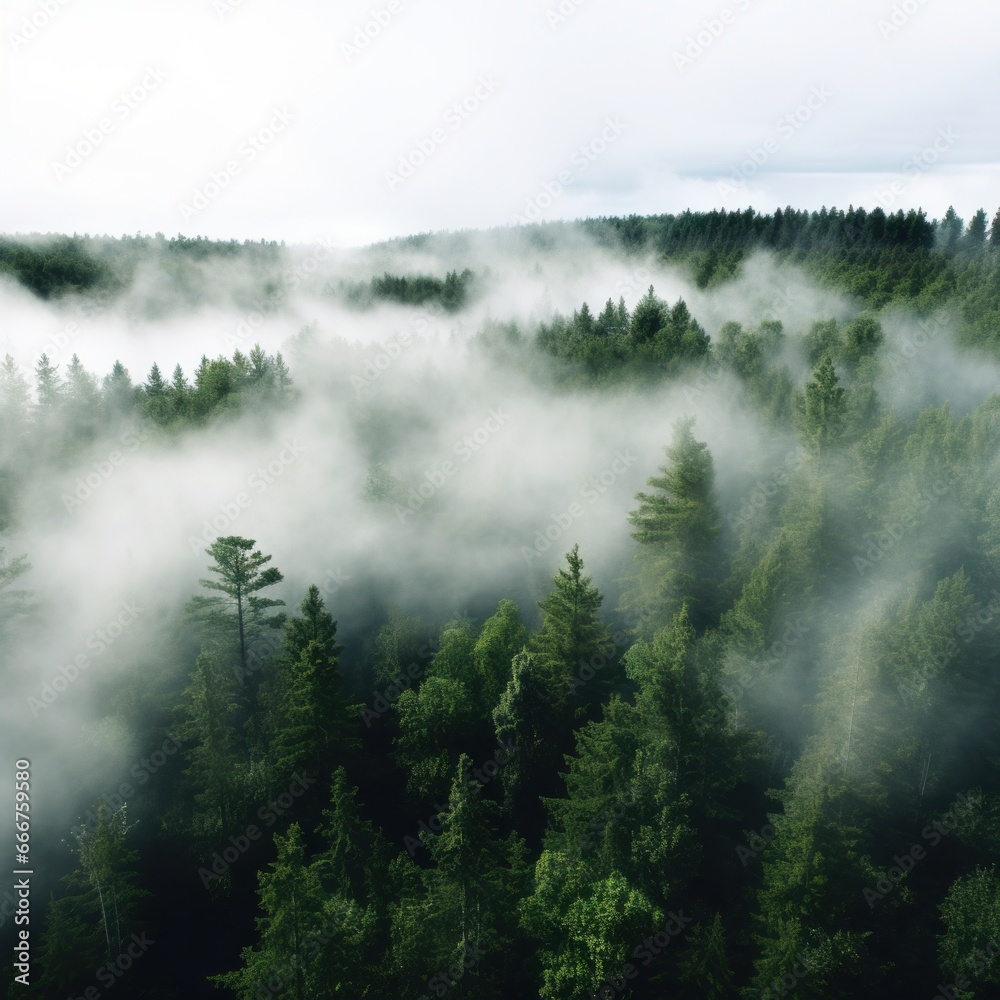 A top view of a forest with a white fog rolling over the treetops.