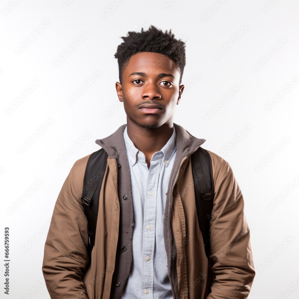 Obraz premium A black student with an accomplished expression, posing against a white background