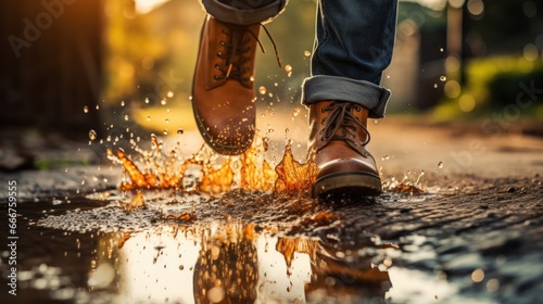woman in rain boots jumping into a puddle