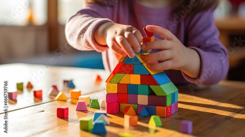 a young child's hands playing with of colorful building blocks