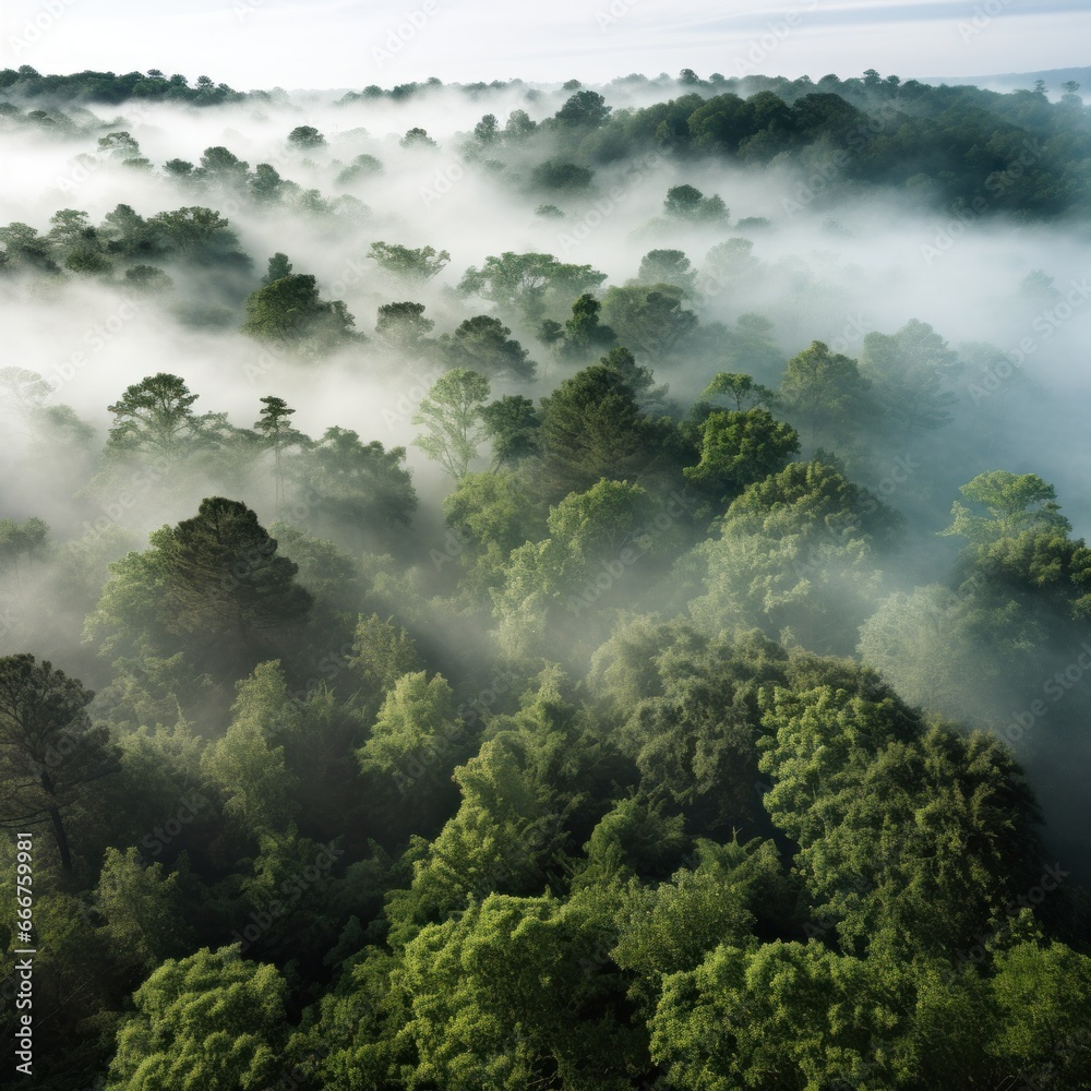 A top view of a forest with a white fog rolling over the treetops. A top view of a forest with a white fog rolling over the treetops.