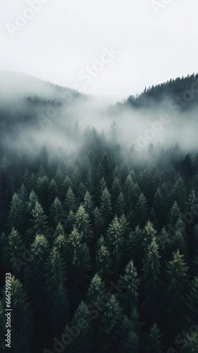 An aerial shot of a dense forest with a white fog © olegganko