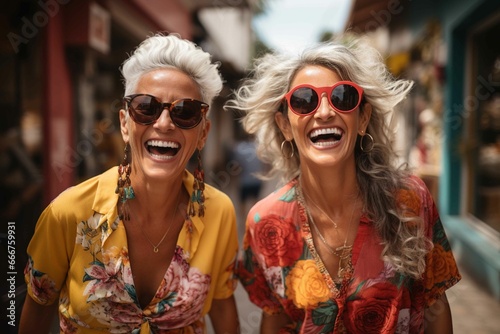 Two women enjoying a festival, smiling and wearing sunglasses.