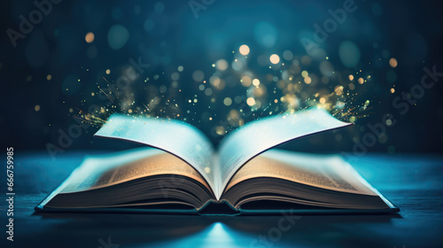 open book with glowing sparkling lights, blue