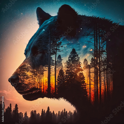 sihouette of a bear in double exposure with forest and sundrise photo