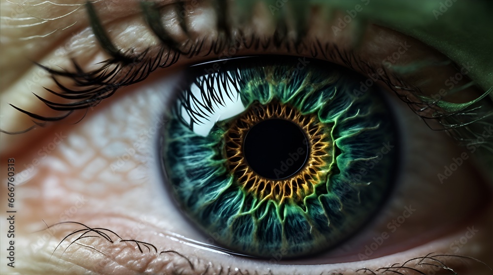 A strikingly detailed close-up of a human green eye, the focal point of ...