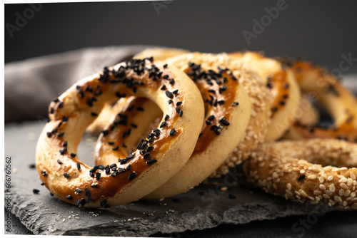 Turkish snack kandil bagel on black background photo