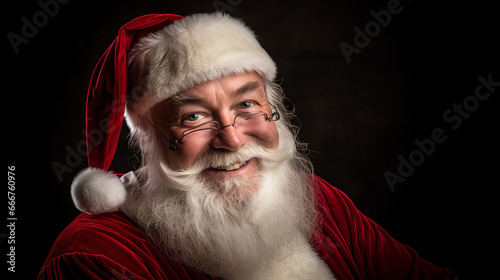 Portrait of smiling senior man in Santa Claus hat with long white beard looking at camera against dark background
