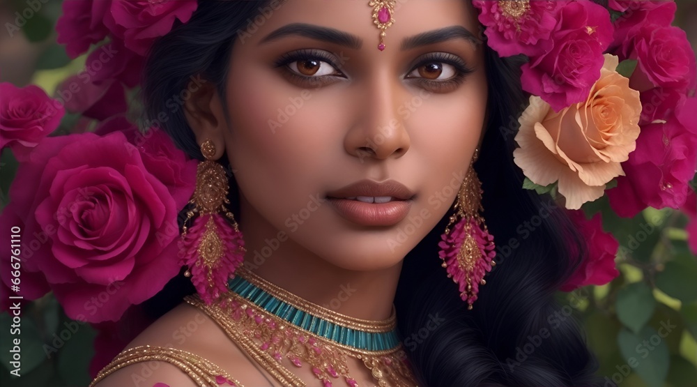 indian woman with pink roses