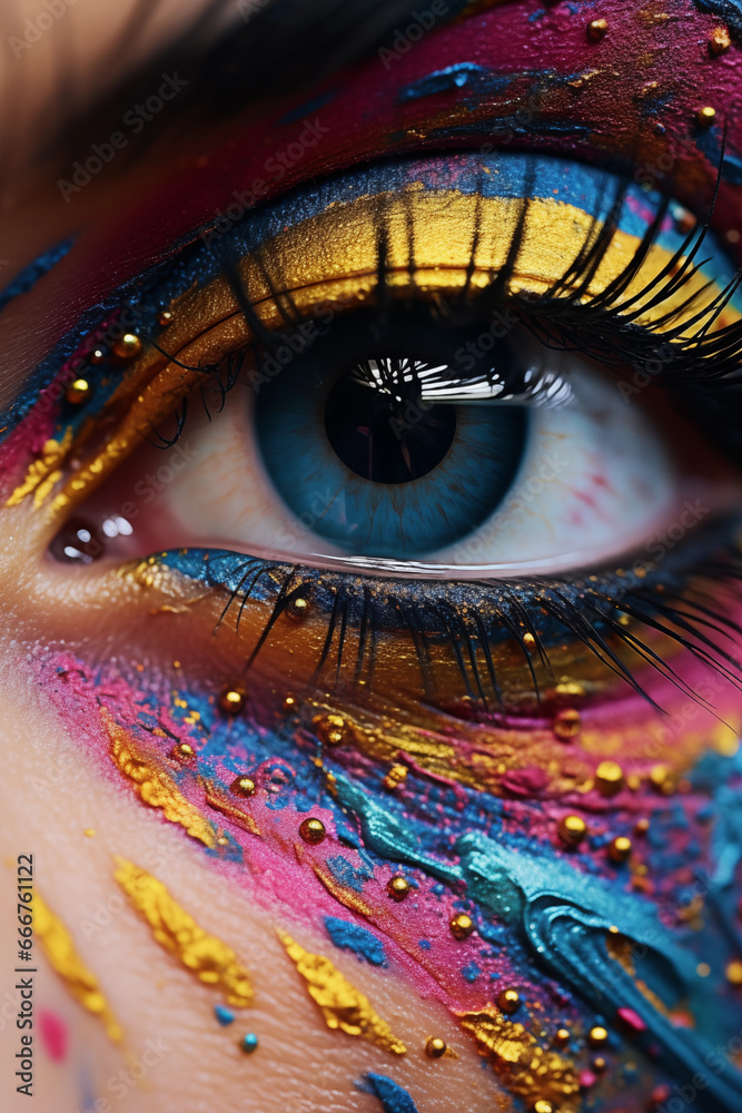 Very close view of an eye. Face painted with colorful paint