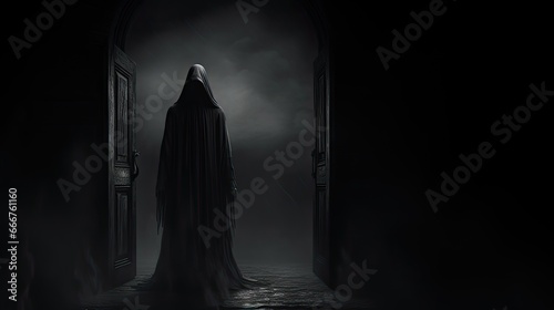 A grim figure stands in the gloom. The concept of loneliness.