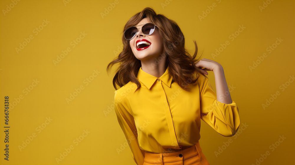 A fashion-forward woman confidently stands against a vibrant yellow wall, sporting stylish sunglasses and a beaming smile that radiates joy and boldness