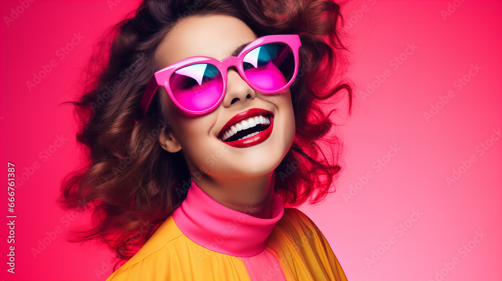 A woman wearing pink sunglasses and smiling