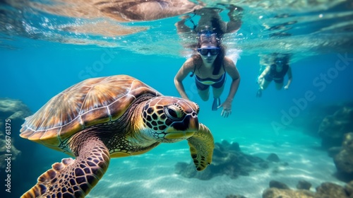 Girls snorkeling with turtles photo