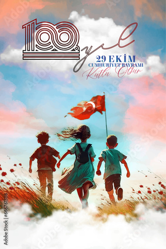 Ankara Turkey-29 October 1923. Translation:100th anniversary of the Republic-29 October Turkish Republic Day, Happy Celebration illustration (Turkish: 29 Ekim Cumhuriyet Bayramı Kutlu Olsun)