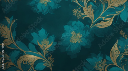 abstract painting showcases vibrant shades of turquoise, green, and gold, depicting elegantly painted floral leaves on a canvas.