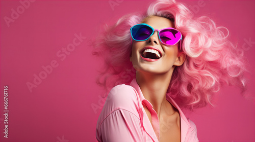 A daring fashionista with a bold magenta hairpiece and matching lipstick stands out in a sea of neutrals, rocking stylish sunglasses and goggles with her edgy pink hair photo