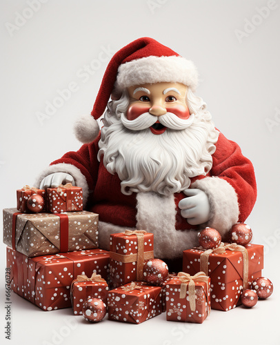 a 3d santa Claus with some gift boxs on transparent white background