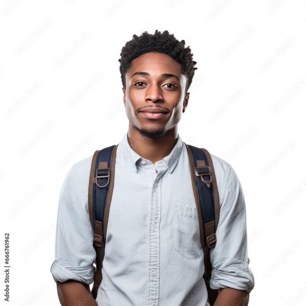 A black student with an accomplished expression, posing against a white background