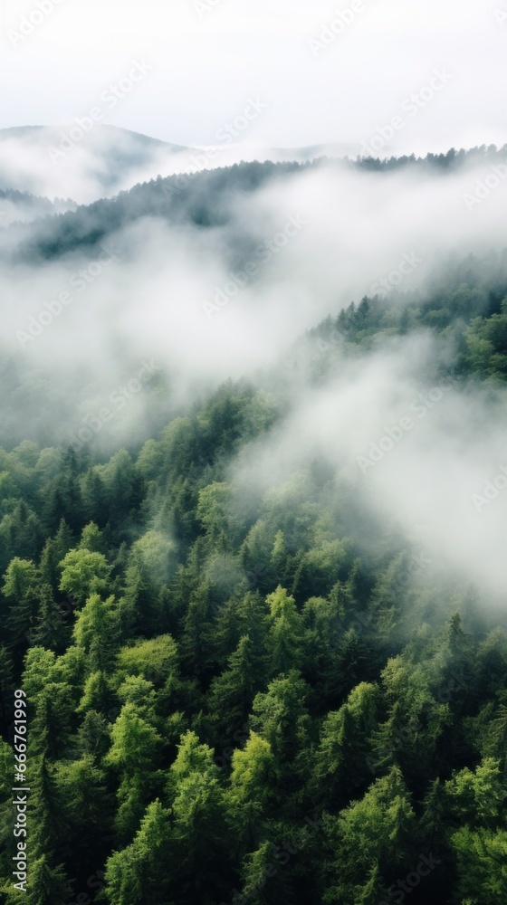 An aerial shot of a dense forest with a white fog