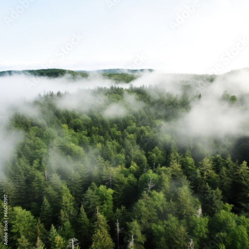 An aerial shot of a dense forest with a white fog