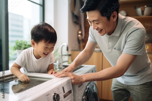 Father and Son Doing Laundry Together to load the washing machine with dirty clothes