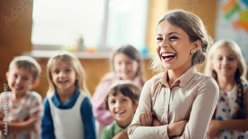 A Joyous Scene: Smiling Children and Teacher in a Classroom