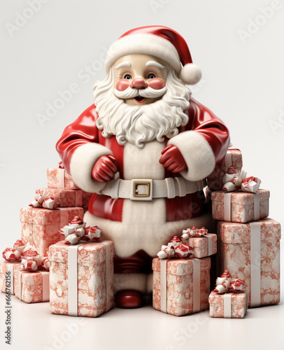 a 3d santa Claus with some gift boxs on transparent white background